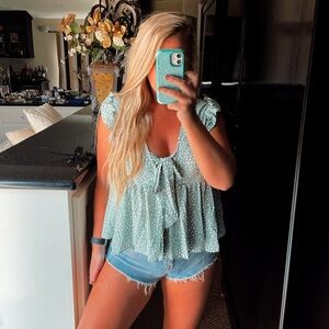 SHEIN - Sage Green - Tie Front Ruffle Top